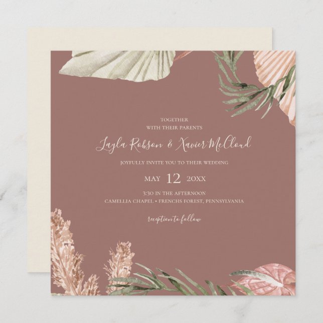 Invitation Boho Botanical | Simple Dusty Rose Mariage Carré (Devant / Derrière)