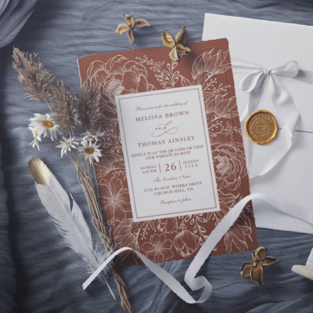 Invitation Boho Botanical Terracotta Budget QR Code Wedding (Créateur téléchargé)