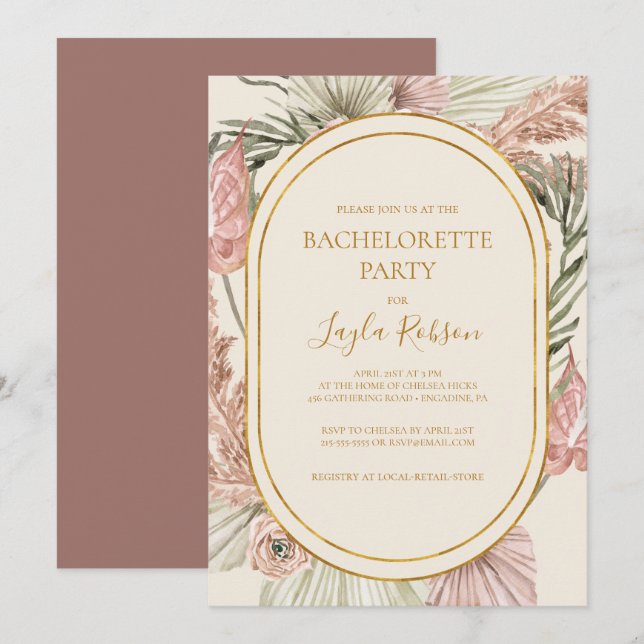 Invitation Boho Botanique Dusty Rose Bachelorette Party (Devant / Derrière)