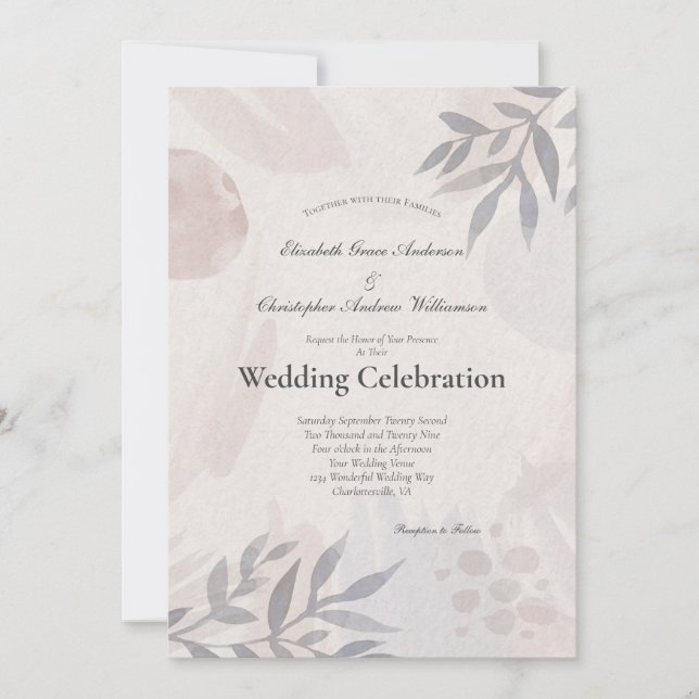 Invitation Boho Botanique Feuilles rose bleu Mariage (Devant)