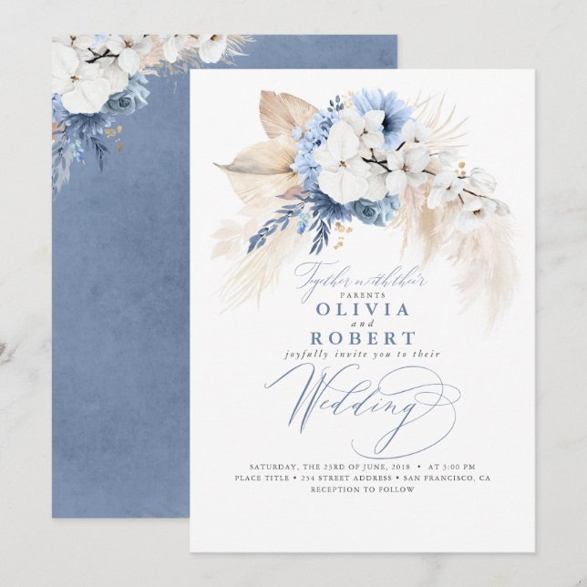 Invitation Boho Botanique Floral moderne Dusty Blue Mariage (Devant / Derrière)