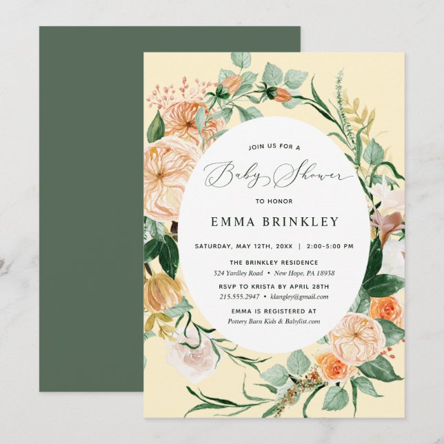 Invitation Boho Botanique Sexe Baby shower jaune neutre (Devant / Derrière)