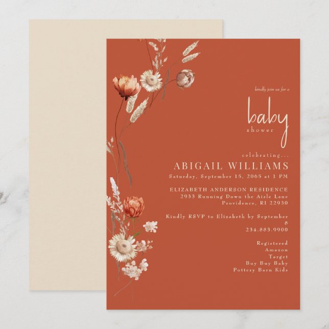 Invitation Boho Botanique Terracotta & Baby shower de crème (Devant / Derrière)