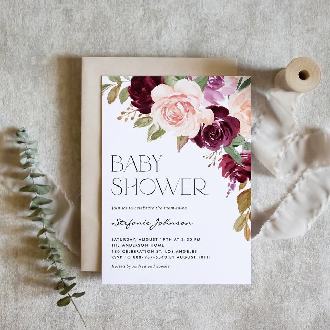 Invitation Boho Bourgogne et fleurs de pêche Baby shower d'au (Créateur téléchargé)