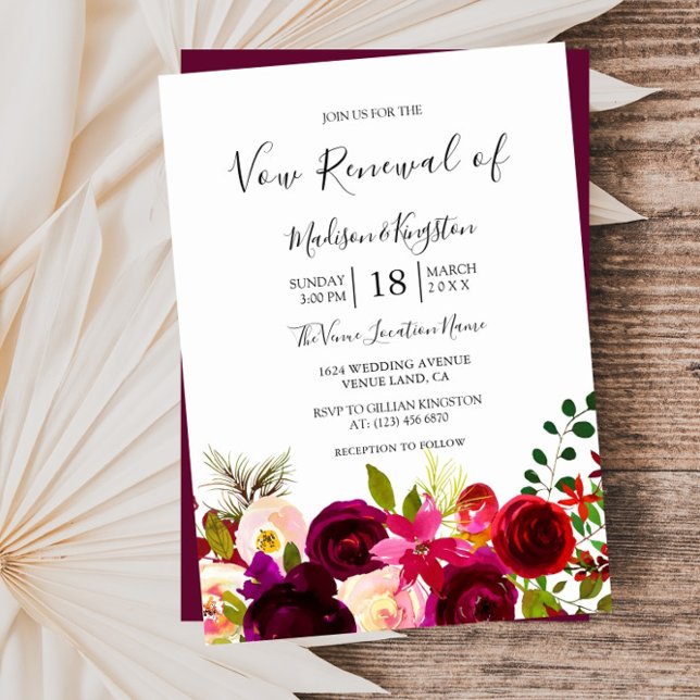 Invitation Boho Bourgogne Fleurs Vow Renouvellement Invitatio (Créateur téléchargé)