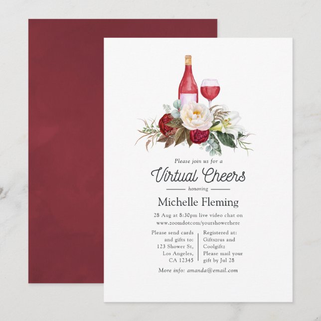 Invitation Boho Bourgogne Floral Dégustation Vin Virtuel Douc (Devant / Derrière)