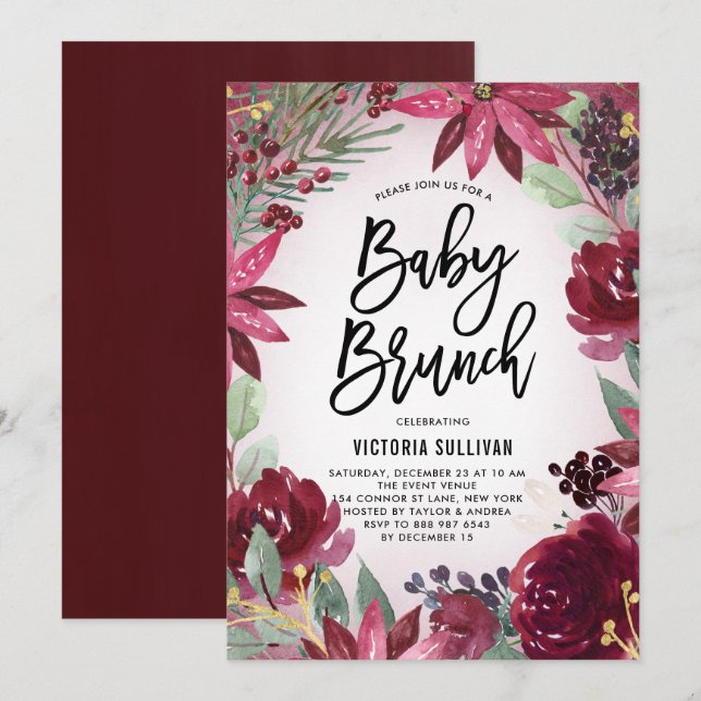 Invitation Boho Bourgogne Hiver Baby shower Floral Brunch (Devant / Derrière)