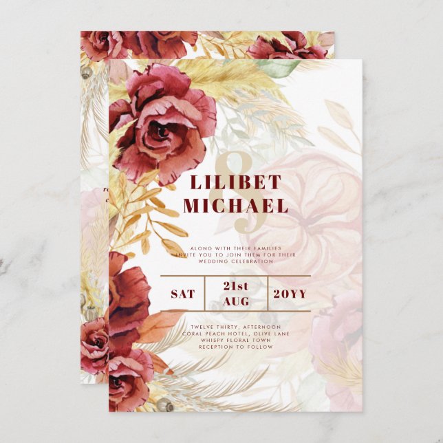 Invitation BOHO Bourgogne Rose Pampas Mariage (Devant / Derrière)