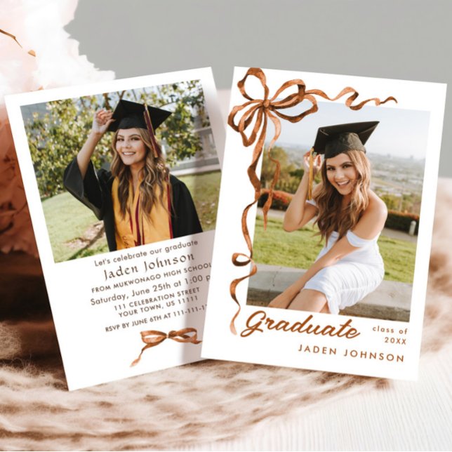 Invitation Boho Bow Ribbon 2 PHOTO Graduation Party (Créateur téléchargé)