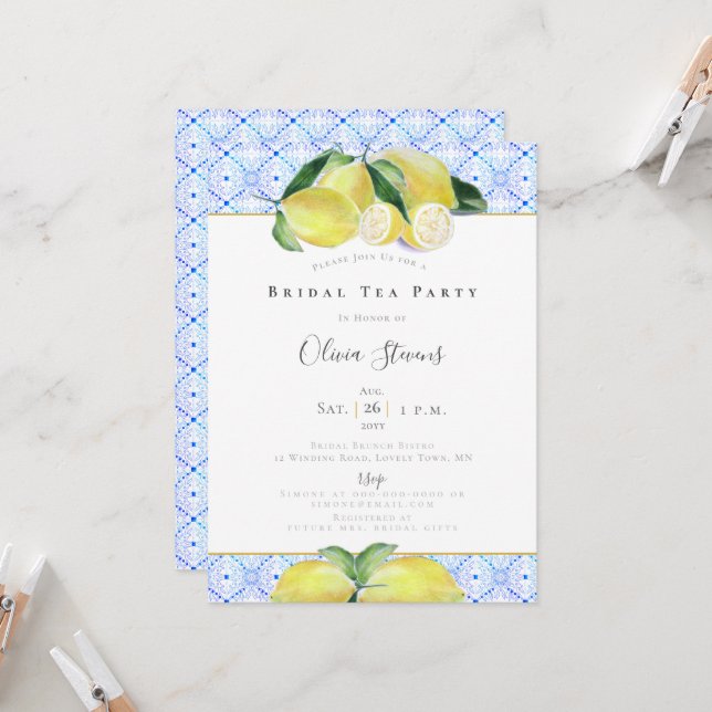 Invitation Boho Bridal Tea Party Yellow Lemons Douche (Devant/Arrière en situation)