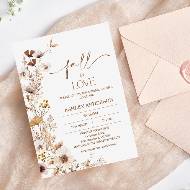 Invitation Boho Brown Beige Fall Fête des mariées florale (Fall Floral Bridal Shower Invitation, Fall in Love Bridal Shower Invite, Wildflowers Bridal Shower)