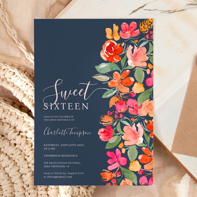 Invitation Boho brûlé terre orange tonalité florale chic doux (Boho burnt orange earth tone floral chic sweet 16 invitation on dark blue)