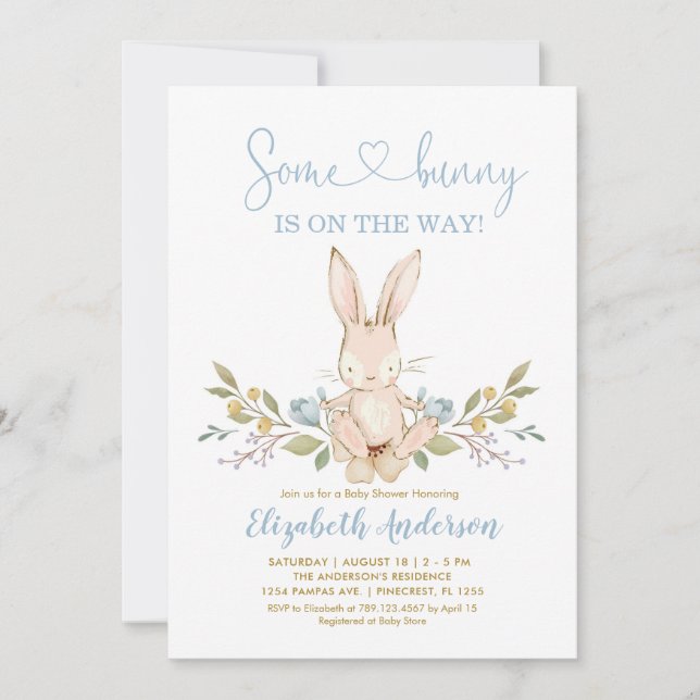 Invitation Boho Bunny Rabbit Blue Boy Baby shower (Devant)