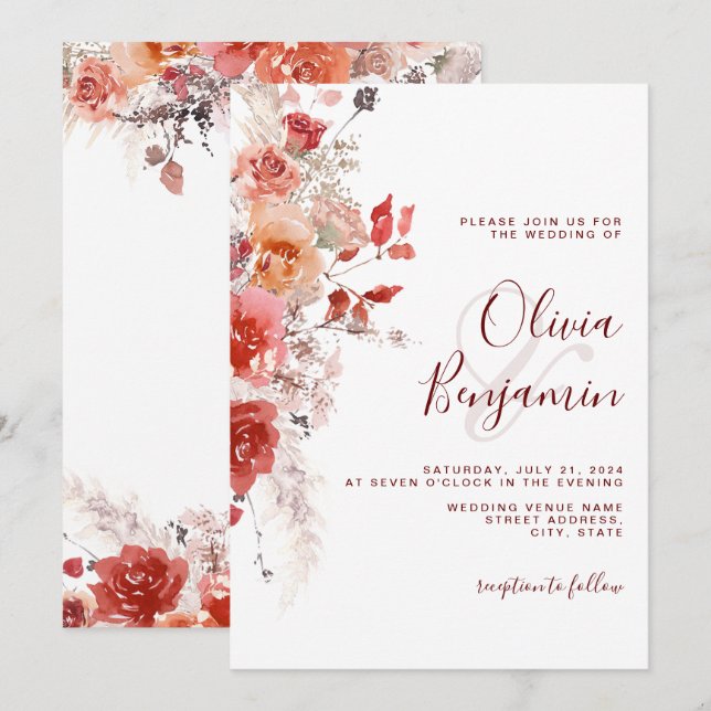 Invitation Boho Burange rouille Rouge Floral Pampas Mariage (Devant / Derrière)