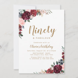 Invitation Boho burgundy aquarelle florale 90e anniversaire