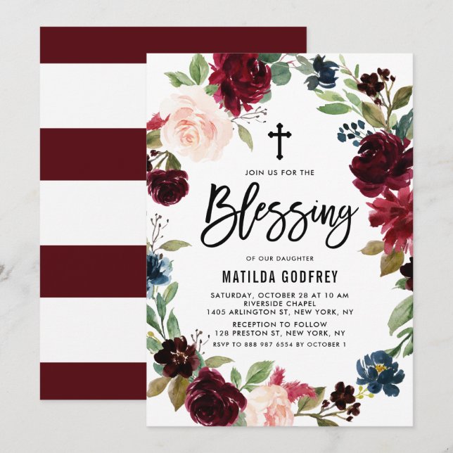 Invitation Boho Burgundy Aquarelle Florale Wreath Blessing (Devant / Derrière)