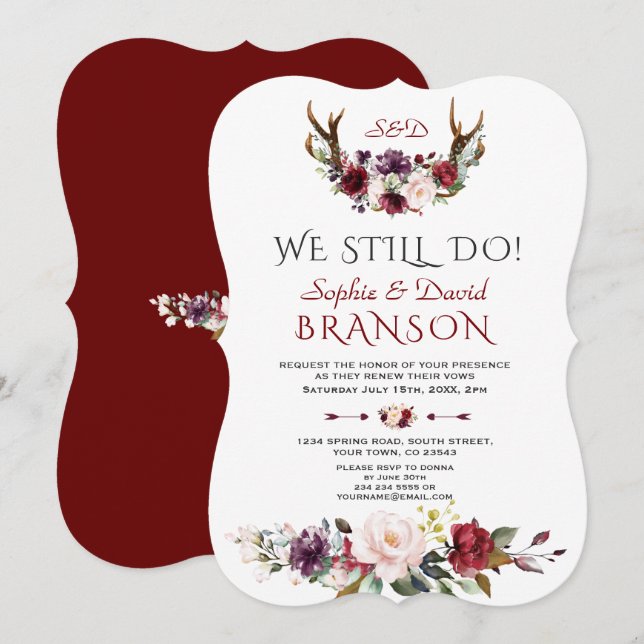 Invitation Boho Burgundy Blush Floral Antlers NOUS LE FAISONS (Devant / Derrière)