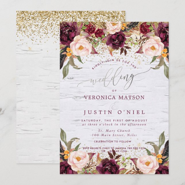 Invitation Boho Burgundy+Blush Watercolor Flowers (Devant / Derrière)