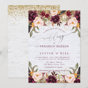 Invitation Boho Burgundy+Blush Watercolor Flowers