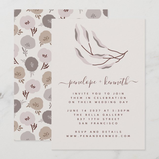 Invitation Boho Burgundy et Mariage botanique Taupe (Devant / Derrière)