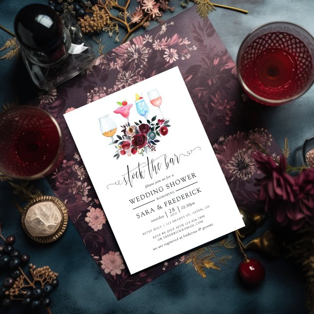 Invitation Boho Burgundy et Navy Floral Stock du Bar (Créateur téléchargé)