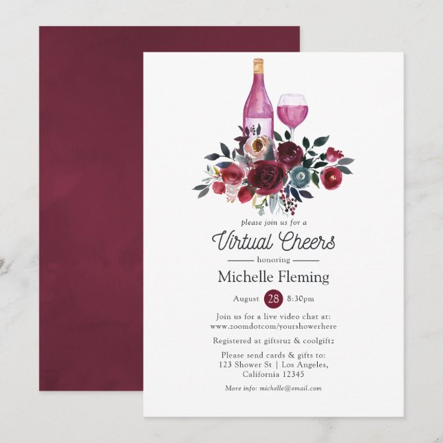 Invitation Boho Burgundy et Navy Wine Virtual Fête des mariée (Devant / Derrière)
