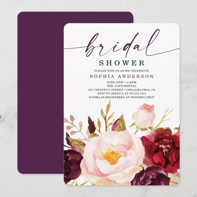 Invitation Boho Burgundy Floral Bridal (Devant / Derrière)