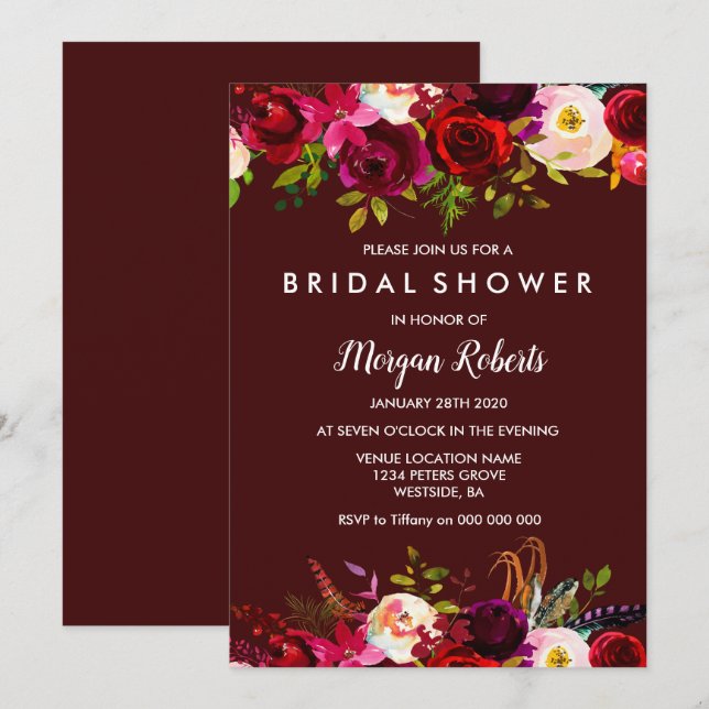 Invitation Boho Burgundy Floral Bridal (Devant / Derrière)