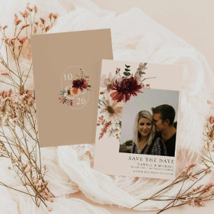 Invitation Boho Burgundy Floral Photo Enregistrer la date