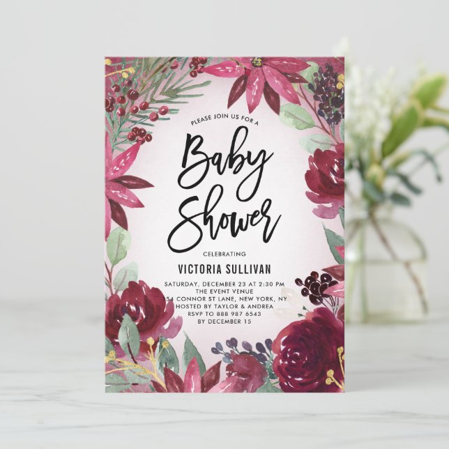 Invitation Boho Burgundy Hiver Floral Baby shower de cadre (Debout devant)