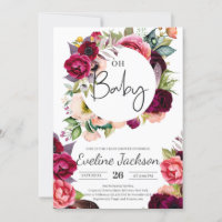 Boho Burgundy Maroon Florals Baby shower Invitatio