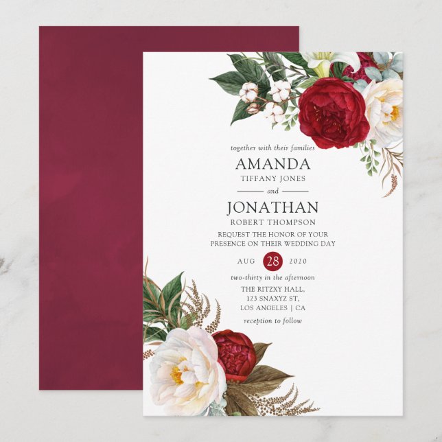 Invitation Boho Burgundy - Marsala Floral Mariage (Devant / Derrière)
