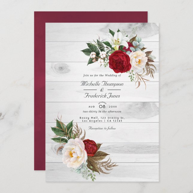Invitation Boho Burgundy/Marsala Floral QR Code RSVP Mariage (Devant / Derrière)