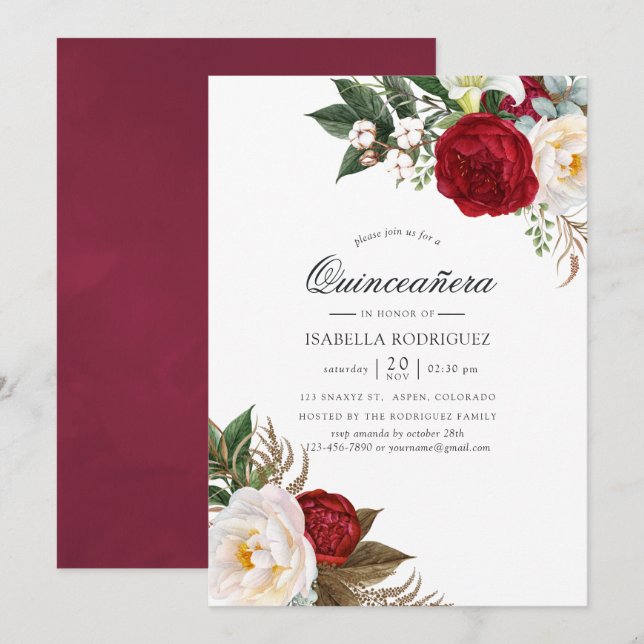 Invitation Boho Burgundy - Marsala Floral Quinceañera (Devant / Derrière)