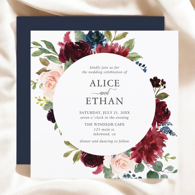 Invitation Boho Burgundy Navy Fleurs Bleues Élégant (Créateur téléchargé)
