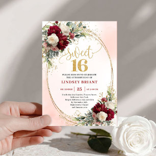 Invitation Boho Burgundy Or Glamour Fleurs Dorées Sweet Sixte