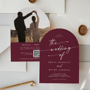 Invitation Boho Burgundy Rouge Photo QR Code Arch Mariage