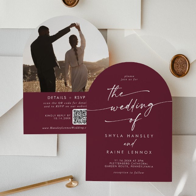 Invitation Boho Burgundy Rouge Photo QR Code Arch Mariage (Créateur téléchargé)