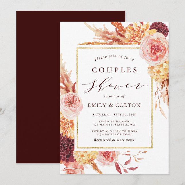 Invitation Boho Burgundy Terracotta Floral Couples Douche (Devant / Derrière)
