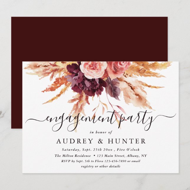 Invitation Boho Burgundy Terracotta Floral Engagement Party (Devant / Derrière)