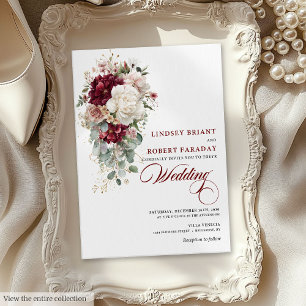 Invitation Boho Burgundy White Gold Leaf