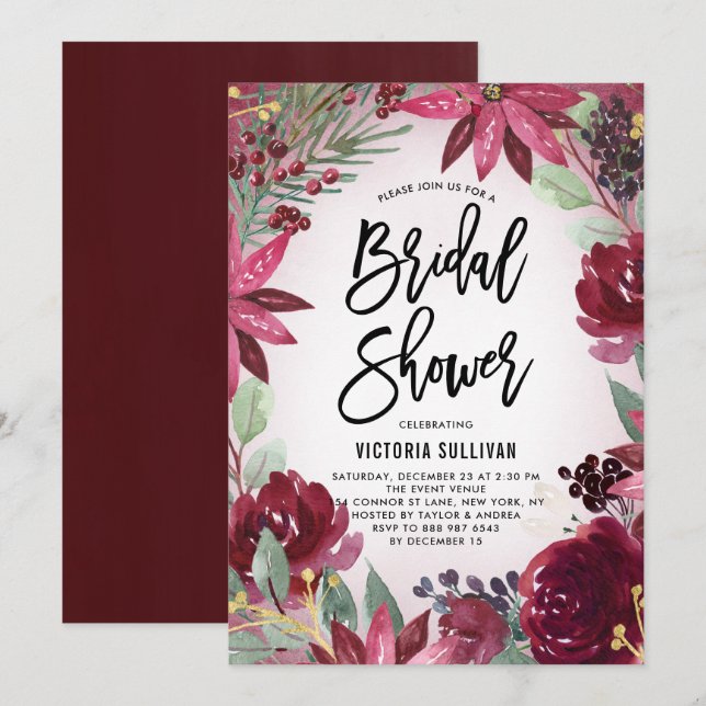 Invitation Boho Burgundy Winter Floral Frame Fête des mariées (Devant / Derrière)