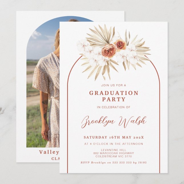 Invitation Boho Burnt Orange Floral Arch Graduation (Devant / Derrière)