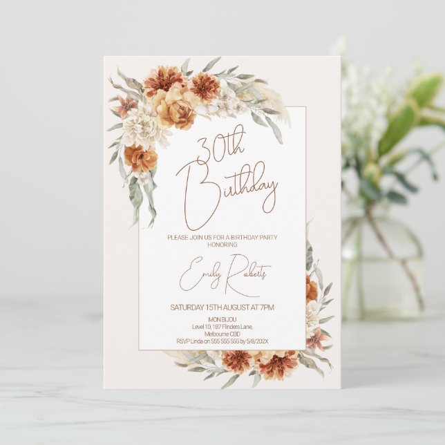 Invitation Boho Burnt Orange Floral Avec Cadre Anniversaire (Debout devant)
