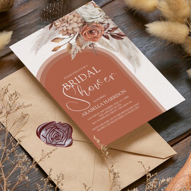 Invitation Boho Burnt Orange Floral & Pampas Fête des mariées (Créateur téléchargé)