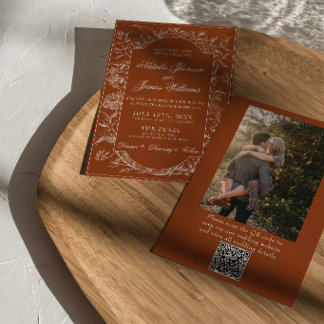 Invitation Boho Burnt Orange Floral QR Code Photo Wedding