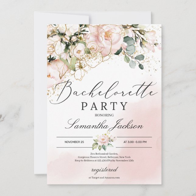 Invitation Boho bush rose fleurs florales or rose bachelorett (Devant)