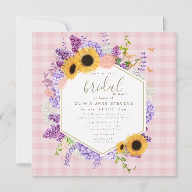 Invitation Boho Butfly Sunflower Frame Fête des mariées rose (Devant)