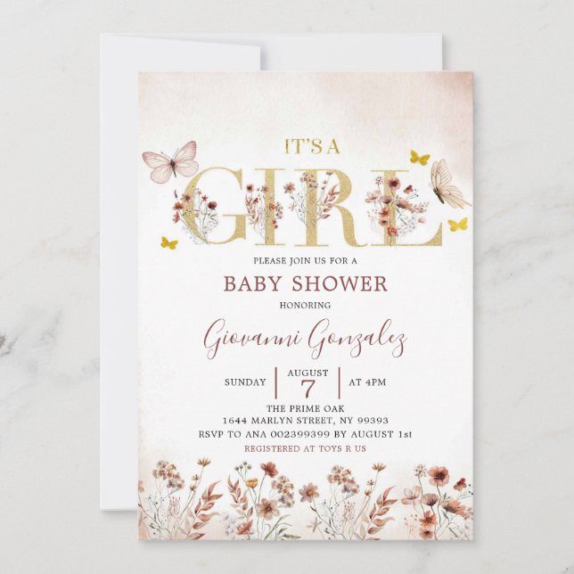 Invitation Boho Butterfly Fleur sauvage Baby shower fille (Devant)