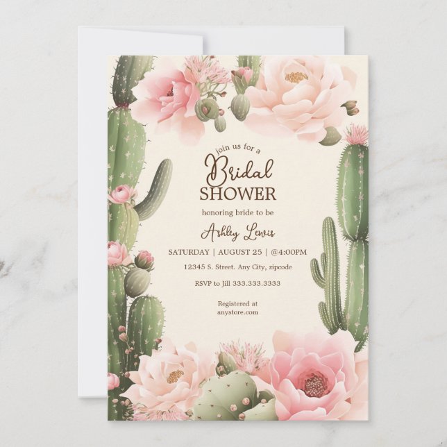 Invitation Boho Cactus floral Désert fleurs de cactus rose (Devant)